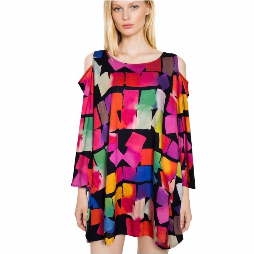CAROLINE ROSE cold shoulder tunic top size small multicolor jersey knit